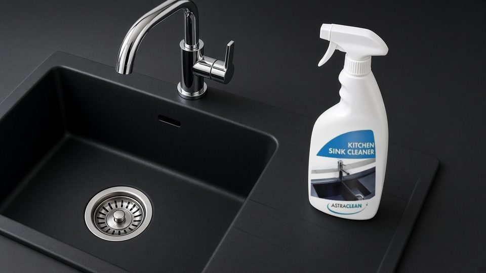 Astraclean Kitchen Sink Cleaner spray bottle on the draining board of a black composite kitchen sink